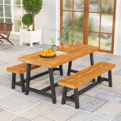 Ulkona käytettävä ruokailuryhmä 3-osainen, teräs ja mäntypuu, pöytä 168x76x74 cm + 2 penkkiä, teak/musta