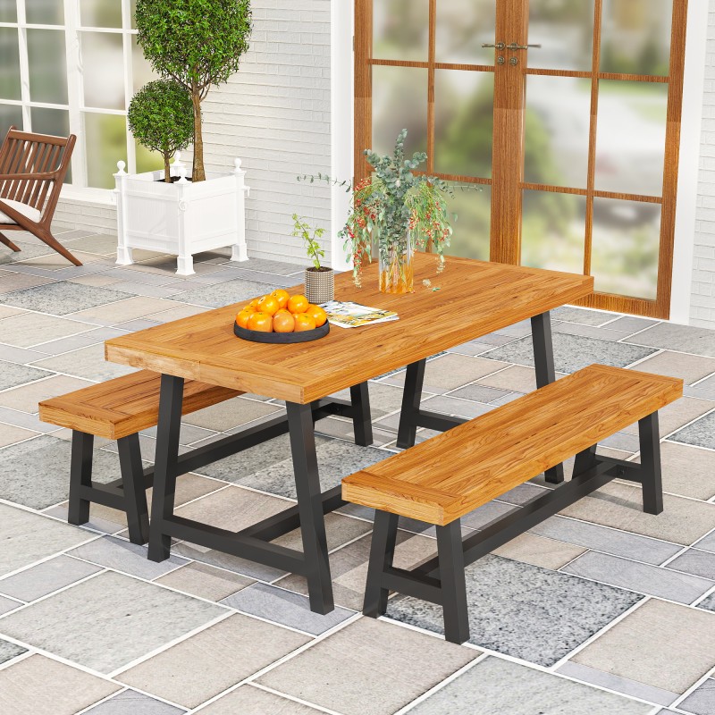 Ulkona käytettävä ruokailuryhmä 3-osainen, teräs ja mäntypuu, pöytä 168x76x74 cm + 2 penkkiä, teak/musta