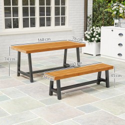 Ulkona käytettävä ruokailuryhmä 3-osainen, teräs ja mäntypuu, pöytä 168x76x74 cm + 2 penkkiä, teak/musta