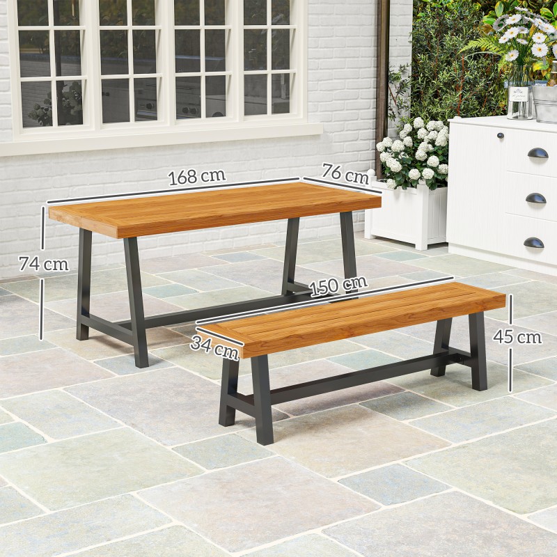 Ulkona käytettävä ruokailuryhmä 3-osainen, teräs ja mäntypuu, pöytä 168x76x74 cm + 2 penkkiä, teak/musta