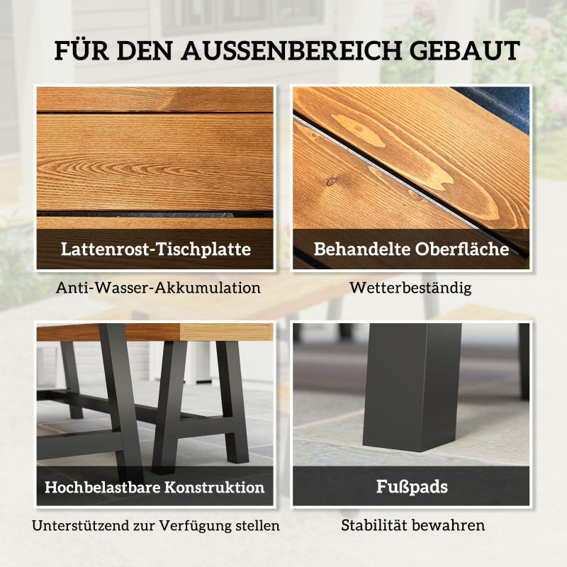 Ulkona käytettävä ruokailuryhmä 3-osainen, teräs ja mäntypuu, pöytä 168x76x74 cm + 2 penkkiä, teak/musta