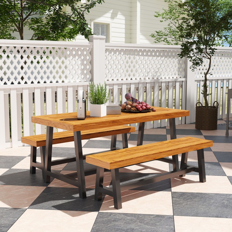 Ulkona käytettävä ruokailuryhmä 3-osainen, teräs ja mäntypuu, pöytä 168x76x74 cm + 2 penkkiä, teak/musta