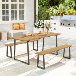 Ulkoruokailuryhmä 3-osainen 6 hengelle teräs ja kuusipuu pöytä 178 x 76 x 77 cm + 2 penkkiä luonnonpuu