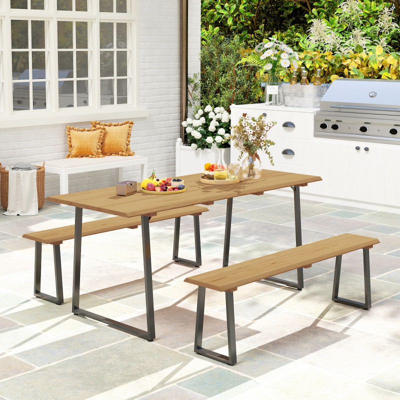 Ulkoruokailuryhmä 3-osainen 6 hengelle teräs ja kuusipuu pöytä 178 x 76 x 77 cm + 2 penkkiä luonnonpuu