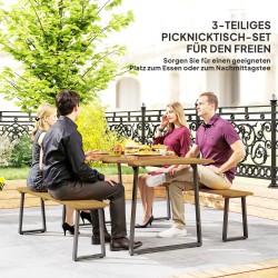 Ulkoruokailuryhmä 3-osainen 6 hengelle teräs ja kuusipuu pöytä 178 x 76 x 77 cm + 2 penkkiä luonnonpuu