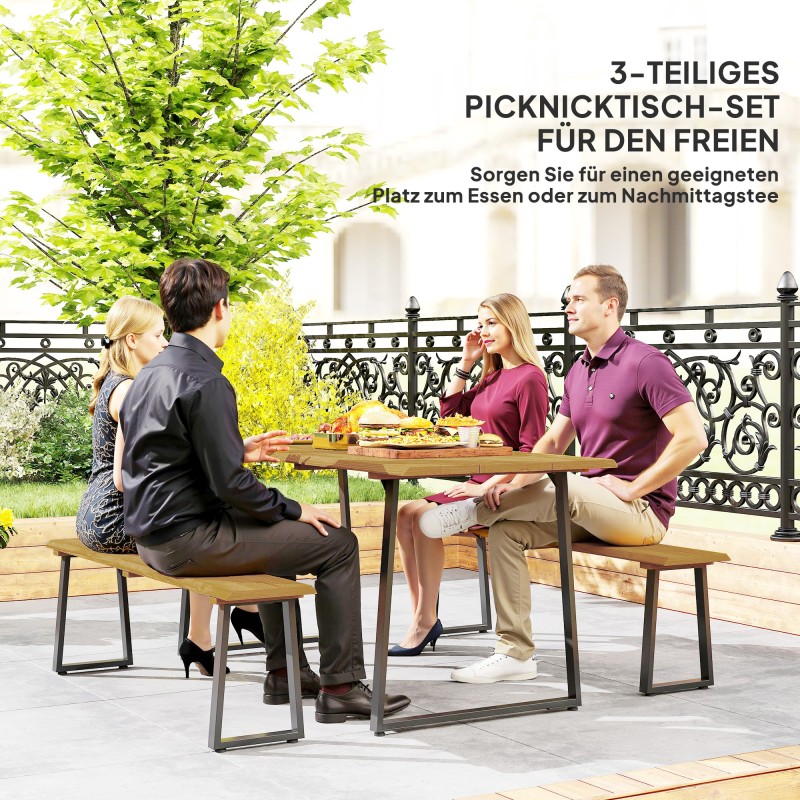 Ulkoruokailuryhmä 3-osainen 6 hengelle teräs ja kuusipuu pöytä 178 x 76 x 77 cm + 2 penkkiä luonnonpuu