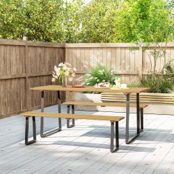 Ulkoruokailuryhmä 3-osainen 6 hengelle teräs ja kuusipuu pöytä 178 x 76 x 77 cm + 2 penkkiä luonnonpuu