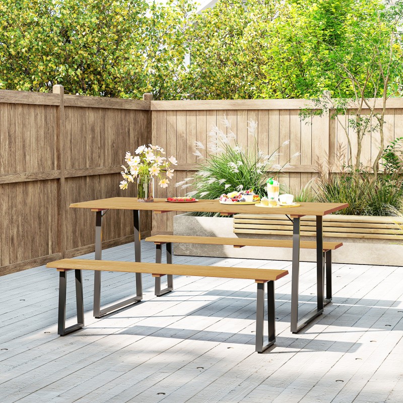 Ulkoruokailuryhmä 3-osainen 6 hengelle teräs ja kuusipuu pöytä 178 x 76 x 77 cm + 2 penkkiä luonnonpuu