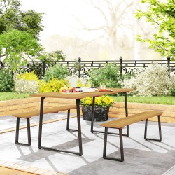 Ulkoruokailuryhmä 3-osainen 6 hengelle teräs ja kuusipuu pöytä 178 x 76 x 77 cm + 2 penkkiä luonnonpuu