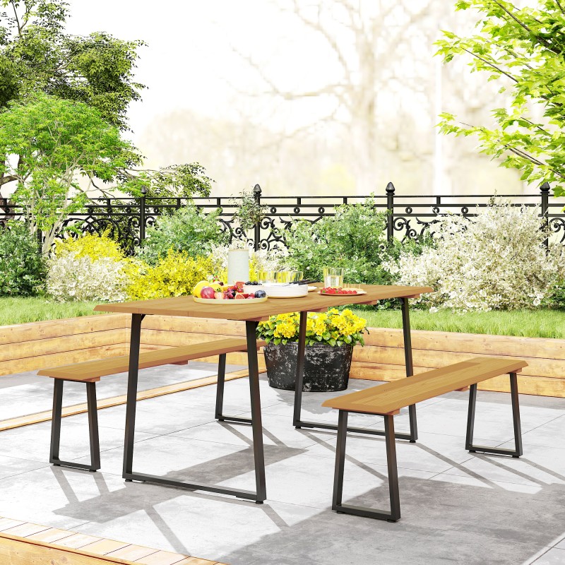 Ulkoruokailuryhmä 3-osainen 6 hengelle teräs ja kuusipuu pöytä 178 x 76 x 77 cm + 2 penkkiä luonnonpuu