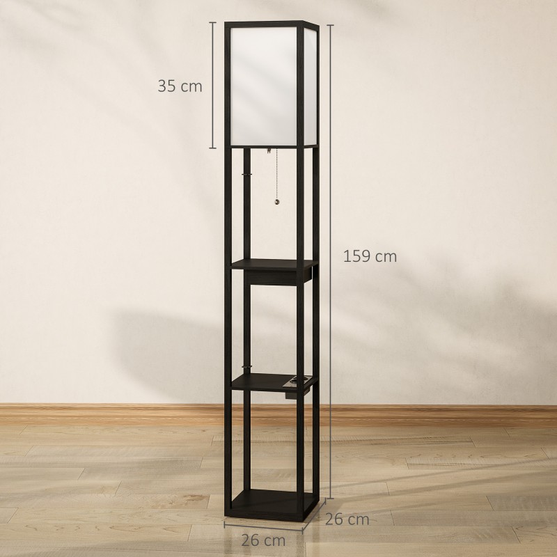 Lattiavalaisin hyllyillä ja laatikolla, USB-A/USB-C‑liitännät ja pistorasia, MDF, musta