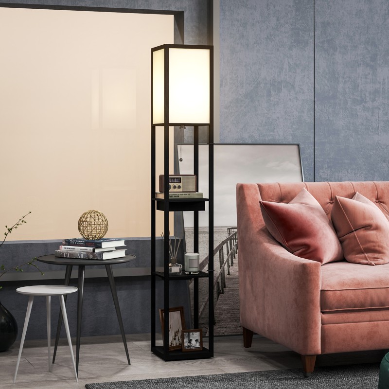 Lattiavalaisin hyllyillä ja laatikolla, USB-A/USB-C‑liitännät ja pistorasia, MDF, musta