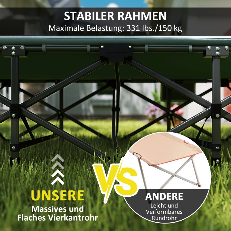 Kokoontaitettava leirisänky patjalla ja tyynyllä, metalli/polyesteri, 187 x 67 x 37 cm, harmaa, kantavuus 150 kg