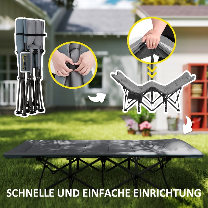 Kokoontaitettava leirisänky patjalla ja tyynyllä, metalli/polyesteri, 187 x 67 x 37 cm, harmaa, kantavuus 150 kg