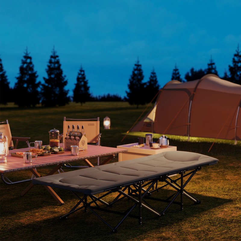 Kokoontaitettava leirisänky patjalla ja tyynyllä, metalli/polyesteri, 187 x 67 x 37 cm, harmaa, kantavuus 150 kg