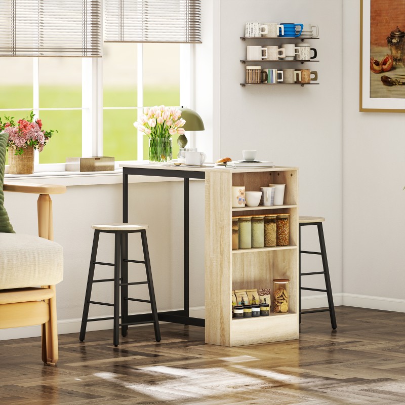 Baaripöytäsetti säilytyshyllyllä, 3 osaa, korkea pöytä ja 2 baarijakkaraa, vaalea puu/musta