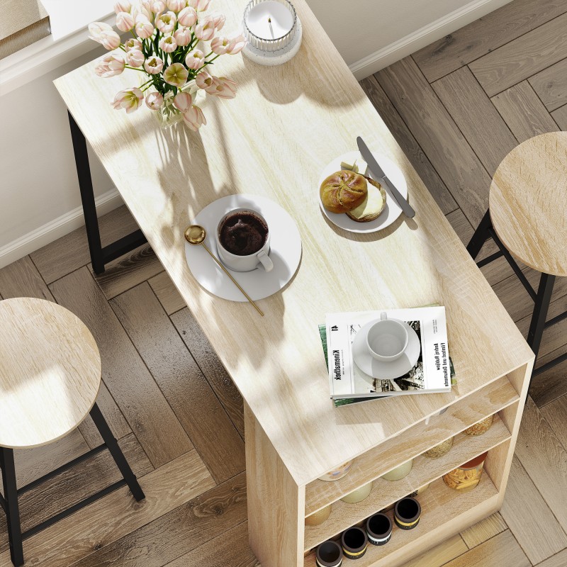 Baaripöytäsetti säilytyshyllyllä, 3 osaa, korkea pöytä ja 2 baarijakkaraa, vaalea puu/musta