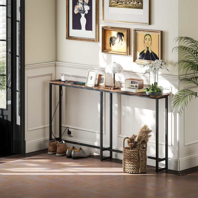 Kapea konsolipöytä latausasemalla, teräsrunko ja lastulevy, 160 x 20 x 80 cm, ruskea/musta