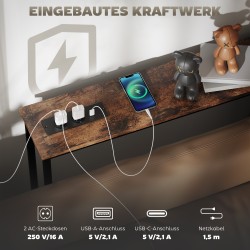 Kapea konsolipöytä latausasemalla, teräsrunko ja lastulevy, 160 x 20 x 80 cm, ruskea/musta