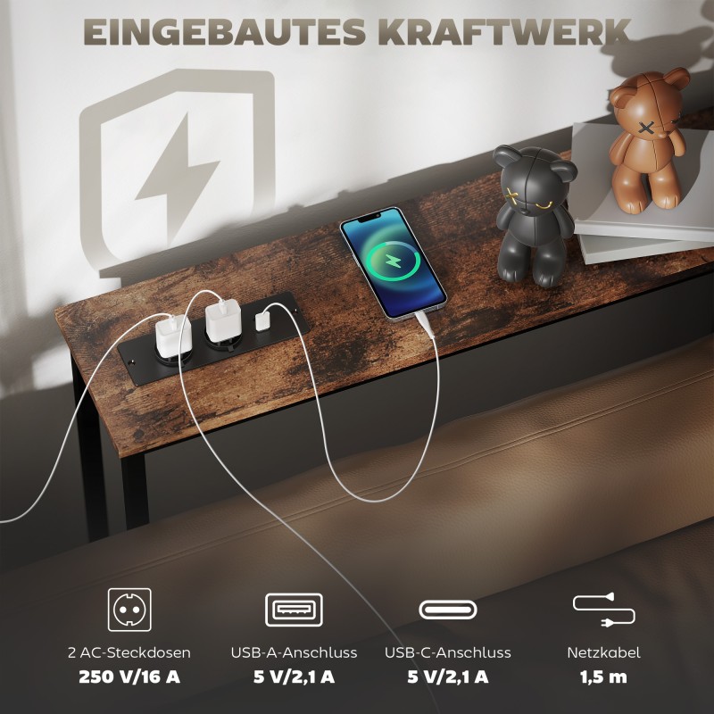 Kapea konsolipöytä latausasemalla, teräsrunko ja lastulevy, 160 x 20 x 80 cm, ruskea/musta