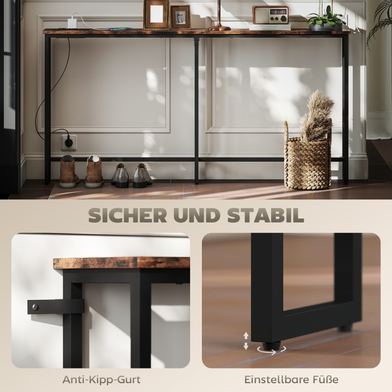 Kapea konsolipöytä latausasemalla, teräsrunko ja lastulevy, 160 x 20 x 80 cm, ruskea/musta