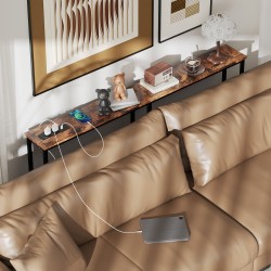 Kapea konsolipöytä latausasemalla, teräsrunko ja lastulevy, 160 x 20 x 80 cm, ruskea/musta