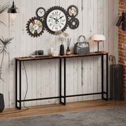 Kapea konsolipöytä latausasemalla, teräsrunko ja lastulevy, 160 x 20 x 80 cm, ruskea/musta