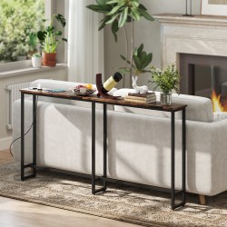 Kapea konsolipöytä latausasemalla, teräsrunko ja lastulevy, 160 x 20 x 80 cm, ruskea/musta