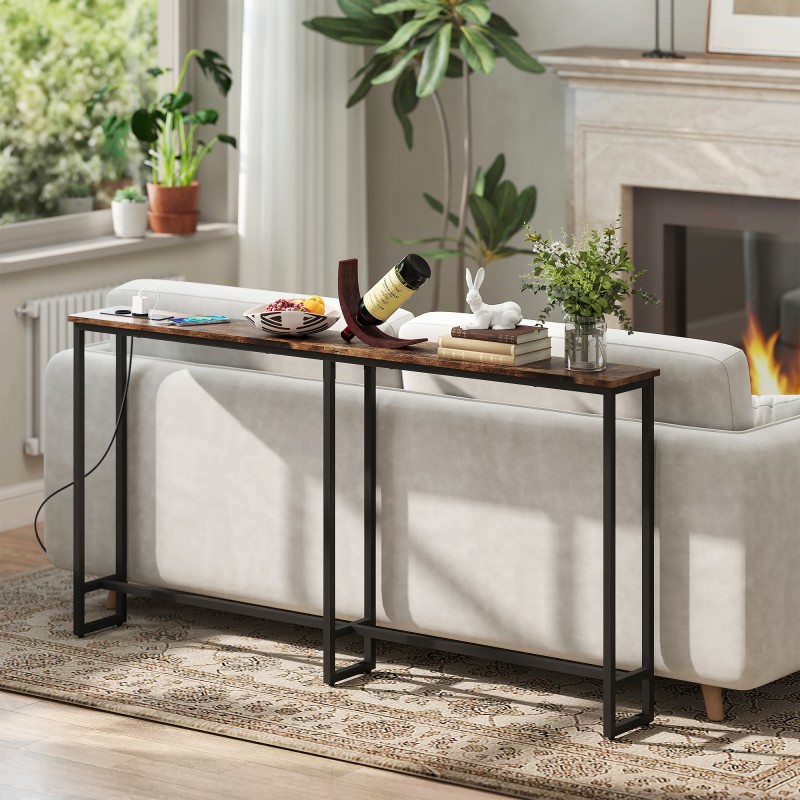 Kapea konsolipöytä latausasemalla, teräsrunko ja lastulevy, 160 x 20 x 80 cm, ruskea/musta