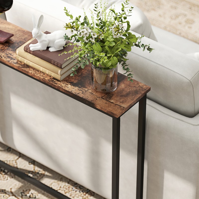 Kapea konsolipöytä latausasemalla, teräsrunko ja lastulevy, 160 x 20 x 80 cm, ruskea/musta