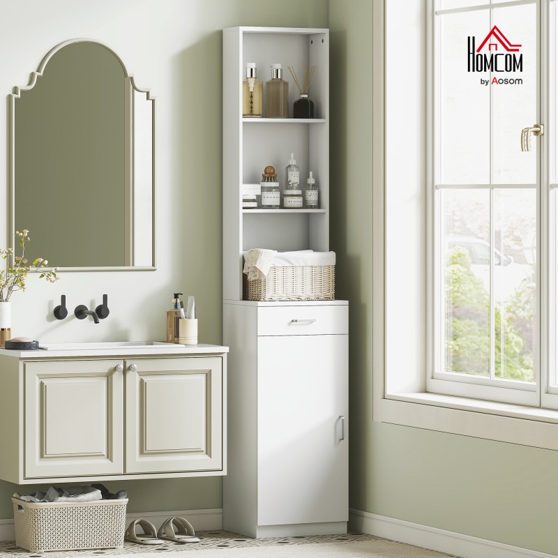 Korkea kylpyhuonekaappi, kapea lastulevy 35 x 30,5 x 179 cm, valkoinen