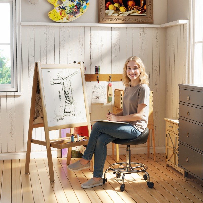 Korkeussäädettävä työjakkara selkänojalla ja jalkarenkaalla 59–75 cm musta