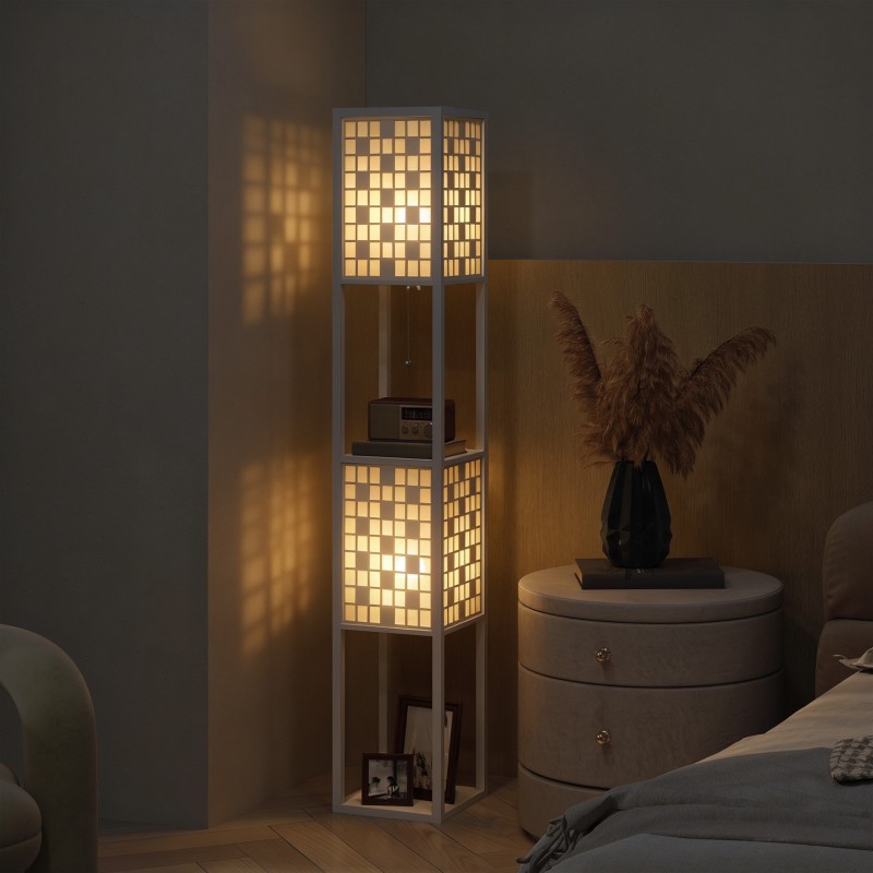 Lattiavalaisin hyllyillä ja ritilävarjostimella, MDF, 26 x 26 x 155,5 cm, valkoinen