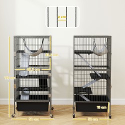 Pieneläinhäkki freteille ja jyrsijöille, 4-tasoinen teräs, ulosvedettävä alusta, pyörät, 52x52x115 cm, harmaa