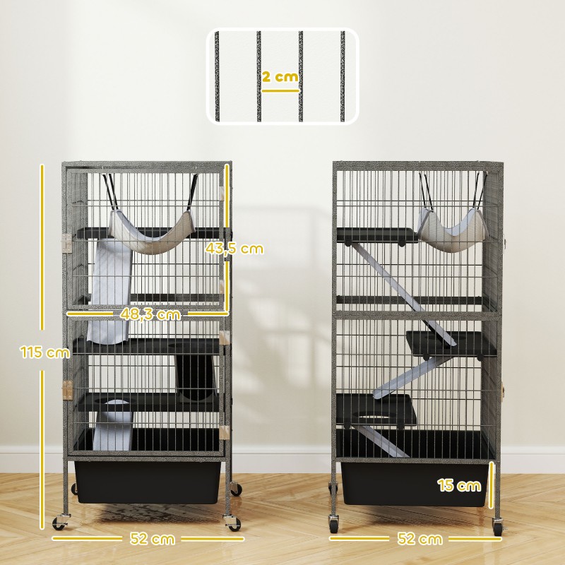 Pieneläinhäkki freteille ja jyrsijöille, 4-tasoinen teräs, ulosvedettävä alusta, pyörät, 52x52x115 cm, harmaa