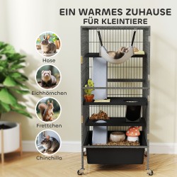 Pieneläinhäkki freteille ja jyrsijöille, 4-tasoinen teräs, ulosvedettävä alusta, pyörät, 52x52x115 cm, harmaa