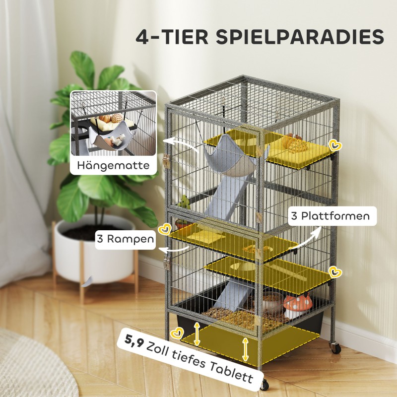 Pieneläinhäkki freteille ja jyrsijöille, 4-tasoinen teräs, ulosvedettävä alusta, pyörät, 52x52x115 cm, harmaa