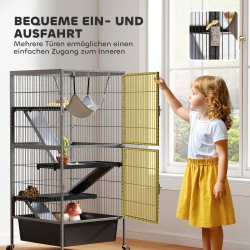 Pieneläinhäkki freteille ja jyrsijöille, 4-tasoinen teräs, ulosvedettävä alusta, pyörät, 52x52x115 cm, harmaa