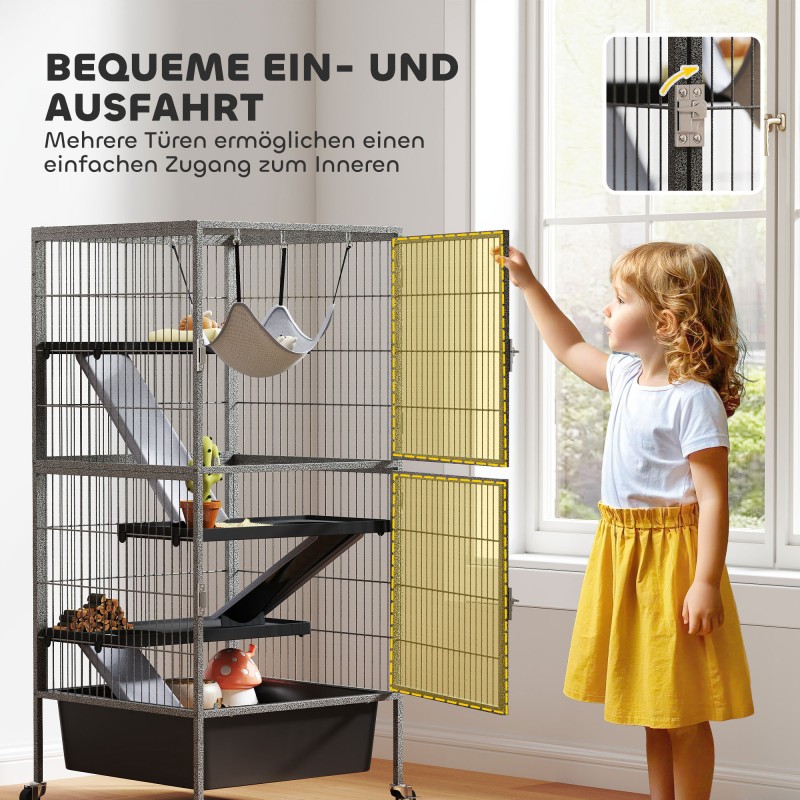 Pieneläinhäkki freteille ja jyrsijöille, 4-tasoinen teräs, ulosvedettävä alusta, pyörät, 52x52x115 cm, harmaa