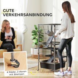 Pieneläinhäkki freteille ja jyrsijöille, 4-tasoinen teräs, ulosvedettävä alusta, pyörät, 52x52x115 cm, harmaa