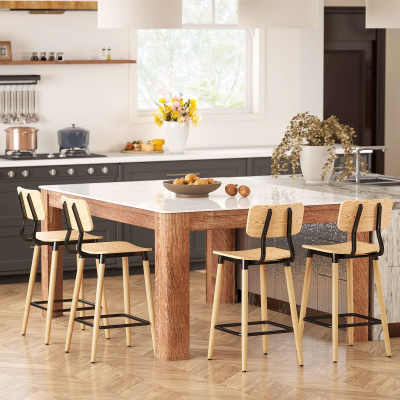 Baarijakkara selkänojalla keittiösaarekkeelle, teräs ja puulevy, 2 kpl, vaaleanruskea/musta