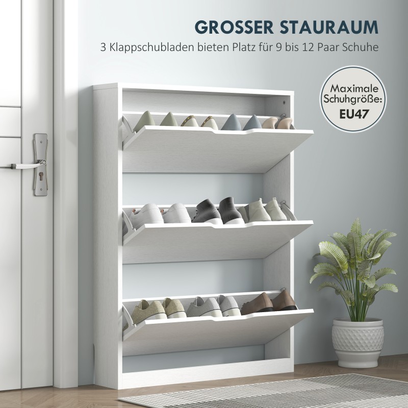 Kenkäkaappi 3 kippilokerolla, lastulevy, 80 x 17 x 108 cm, 9–12 paria, valkoinen