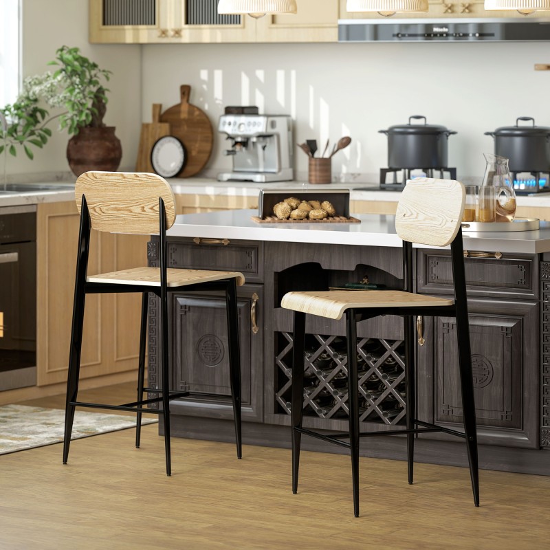 Baarituoli keittiösaarekkeelle, puu ja metallirunko, 2 kpl, vaalea puu/musta