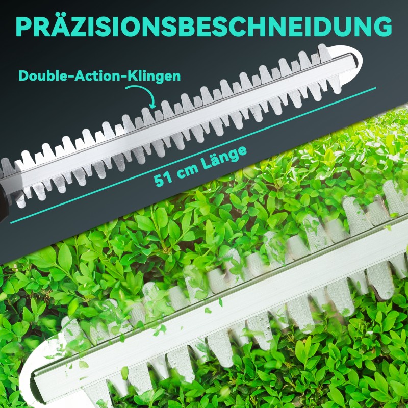 Akkukäyttöinen pensasleikkuri, harjaton moottori, 51 cm terä, 2 x 4 Ah akku, sininen