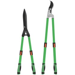 Pensasleikkuri ja oksaleikkuri setti 2 osainen teleskooppivarret metalli muovi vihreä musta