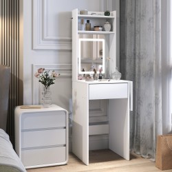 Meikkipöytä LED-peilillä, taittuva sivutaso, hyllyt ja laatikko, MDF/lastulevy, valkoinen