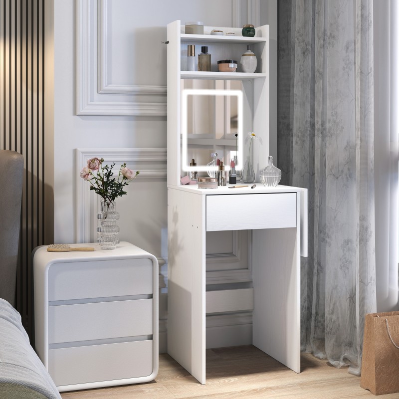 Meikkipöytä LED-peilillä, taittuva sivutaso, hyllyt ja laatikko, MDF/lastulevy, valkoinen