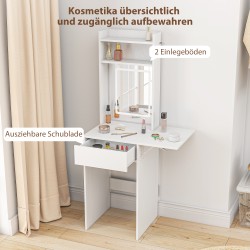 Meikkipöytä LED-peilillä, taittuva sivutaso, hyllyt ja laatikko, MDF/lastulevy, valkoinen