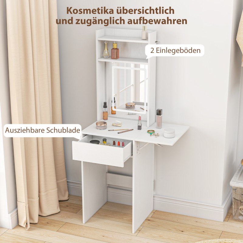 Meikkipöytä LED-peilillä, taittuva sivutaso, hyllyt ja laatikko, MDF/lastulevy, valkoinen