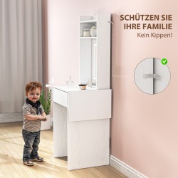 Meikkipöytä LED-peilillä, taittuva sivutaso, hyllyt ja laatikko, MDF/lastulevy, valkoinen